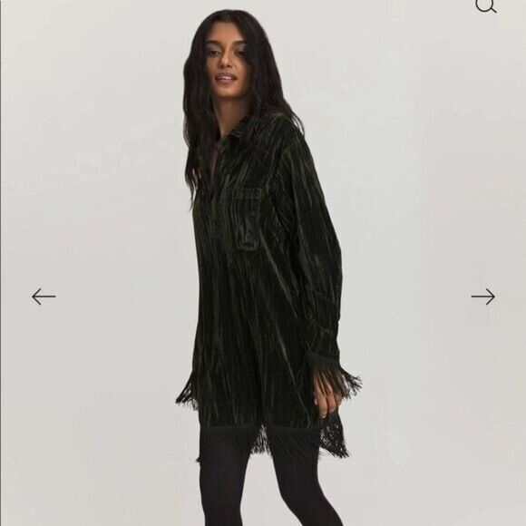 Something Navy Phoebe Velvet Emerald Shirt Dress Fringe S NWT Whimsigoth Vamp - Picture 1 of 11